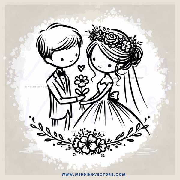 a bride and groom with flowers