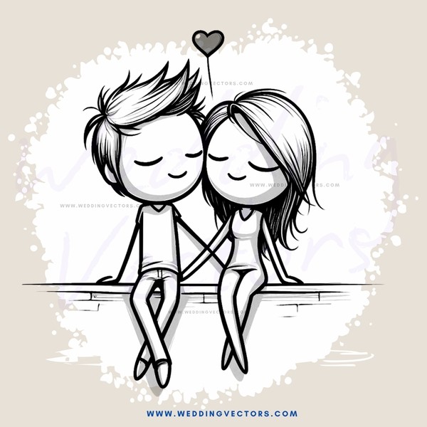 a couple sitting on a bench with hearts and an arrow pointing upwards