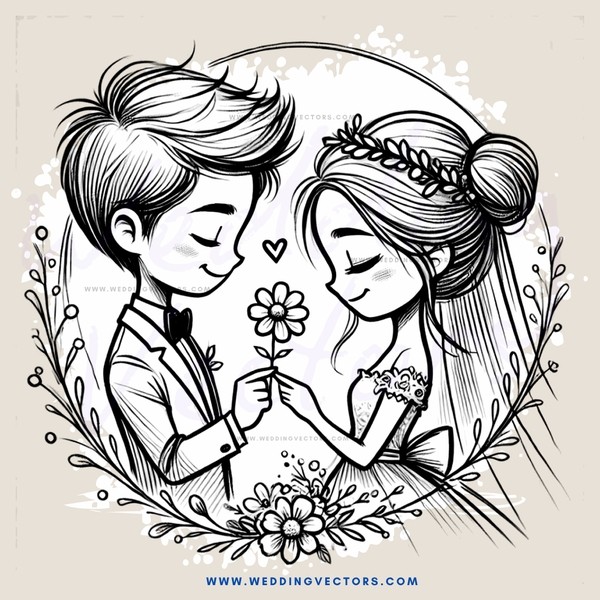 a bride and groom holding flowers