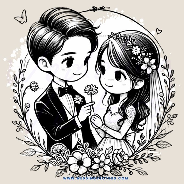 wedding picture in nature with flowers and butterflies