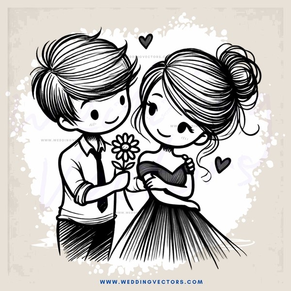 couple posing for picture with flowers and heart symbols