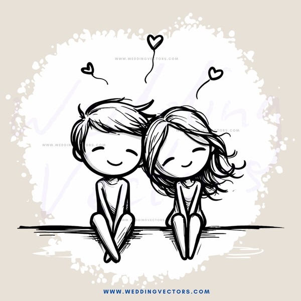 couple sitting together with love symbols around them