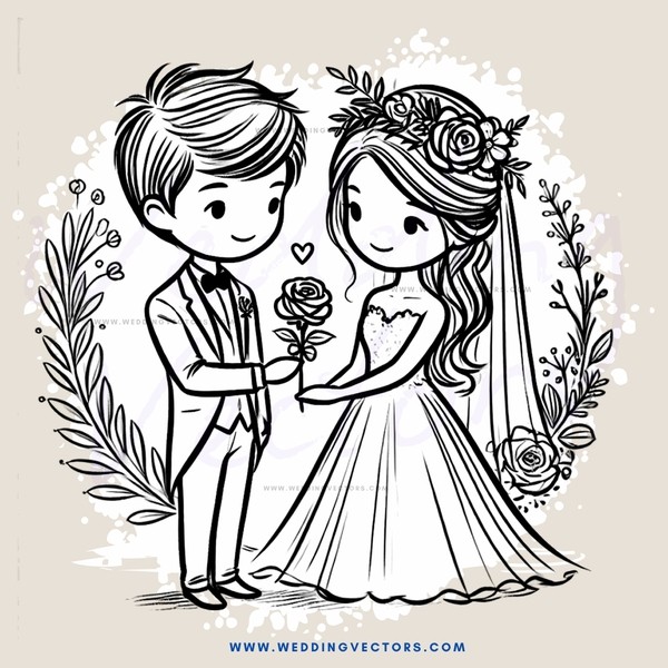 couple standing side by side with flowers and leaves