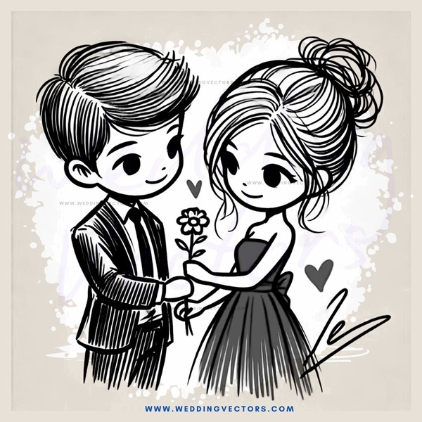 boy and girl holding flower with hearts