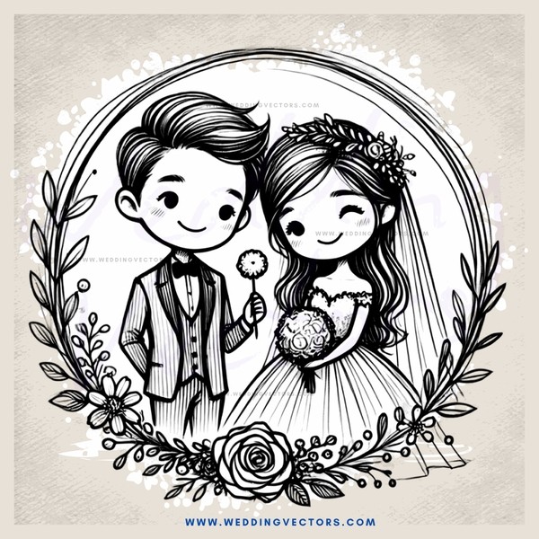 wedding ring, two people, bride and groom with flowers in flowered circle