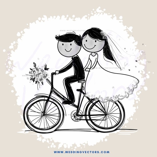a bride and groom on bikes