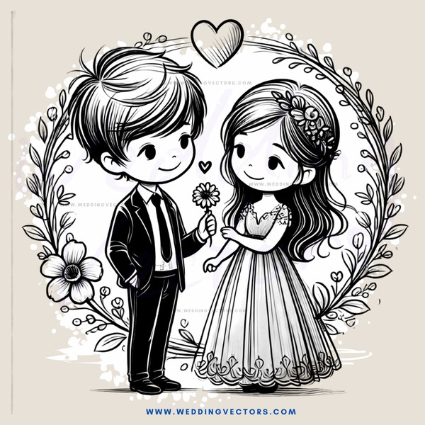 boy and girl heart shaped picture with flowers on background