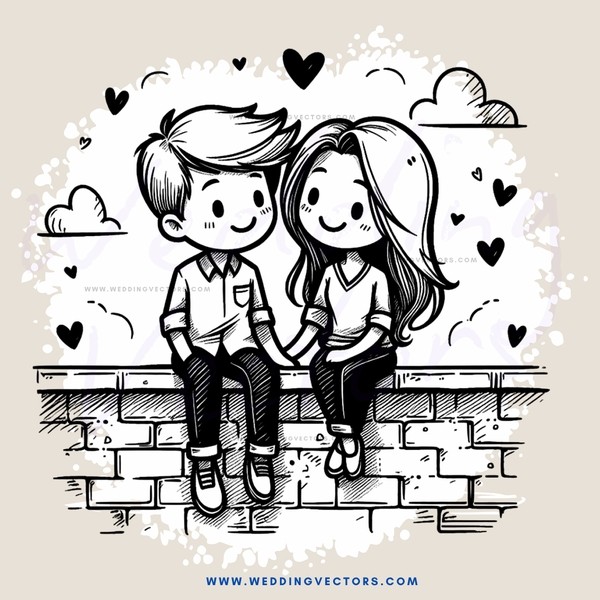 boy and girl sitting on brick wall with smiles and clouds above their heads