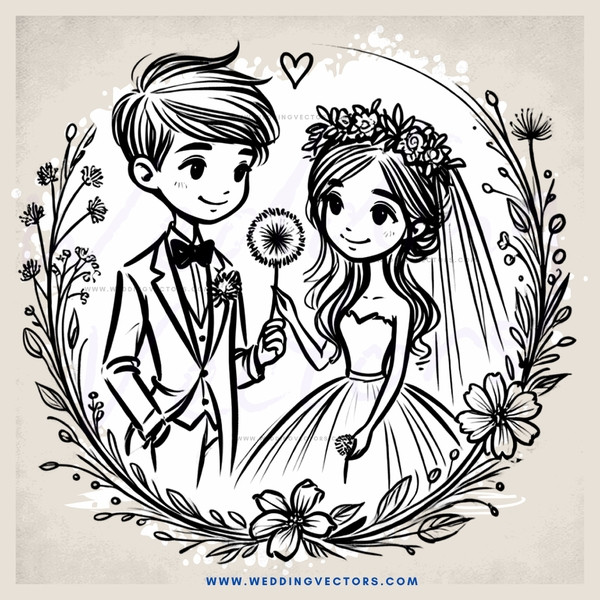 a boy and girl holding hands and flowers