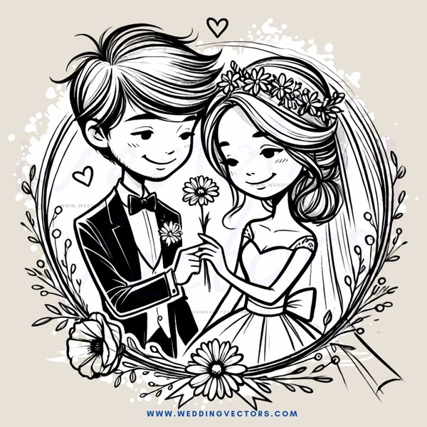 wedding couple portrait in wreath frame with bouquet, flower, and heart accents