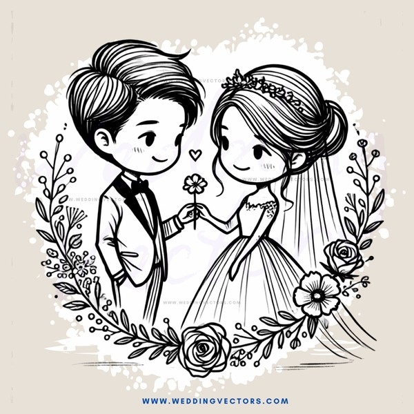 a bride and groom in wedding attire holding flowers