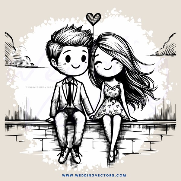 a boy and girl sitting on a brick wall with hearts