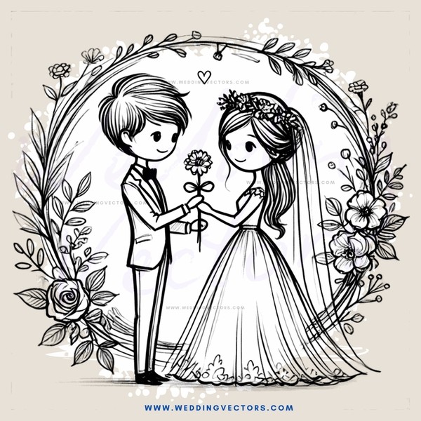 a bride and groom with flowers in their hands