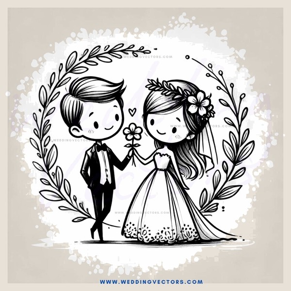 a bride and groom with flowers