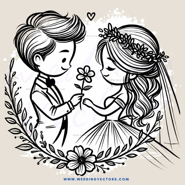 a bride and groom exchanging flowers