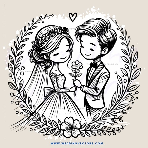 a bride and groom holding flower bouquets