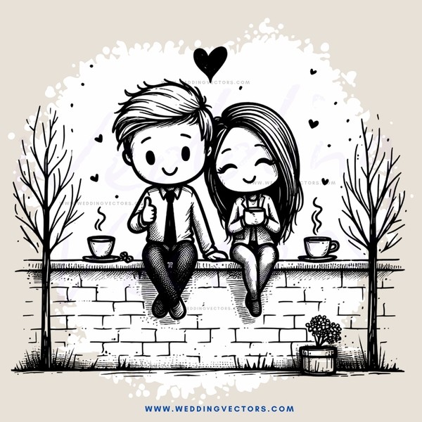 two people sitting on a wall with coffee cups and trees