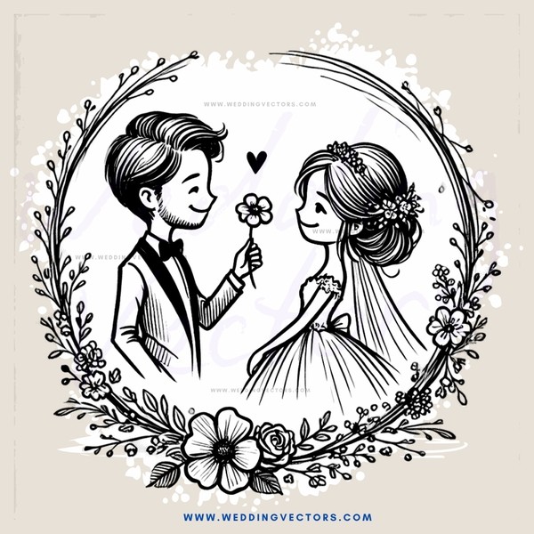 a man and woman holding hands, wearing wedding dresses, surrounded by flowers