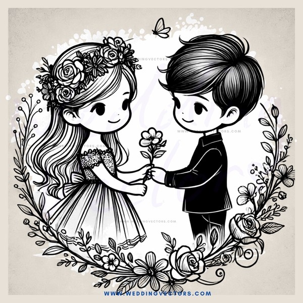 a girl and boy holding flowers