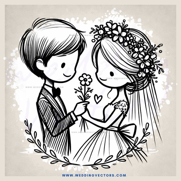 a bride and groom share flowers