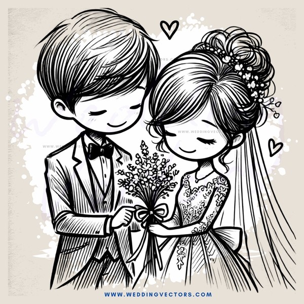 a bride and groom holding flowers