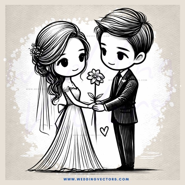a bride and groom holding a flower