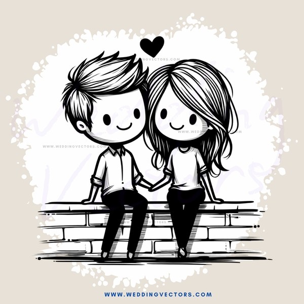 a boy and girl sitting on a brick wall with a heart above them