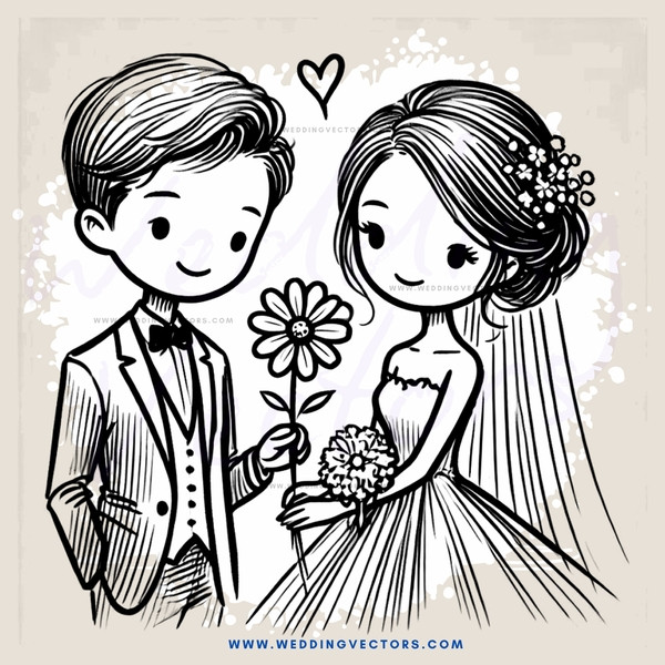 a bride and groom with flowers