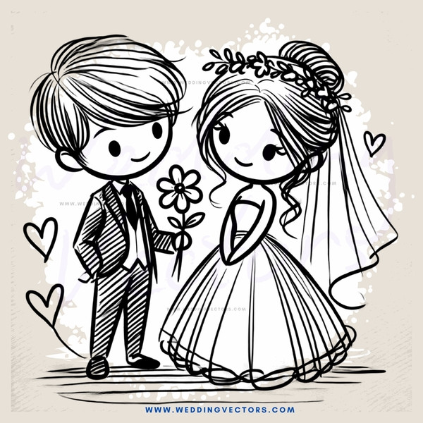 a bride and groom with flowers and hearts