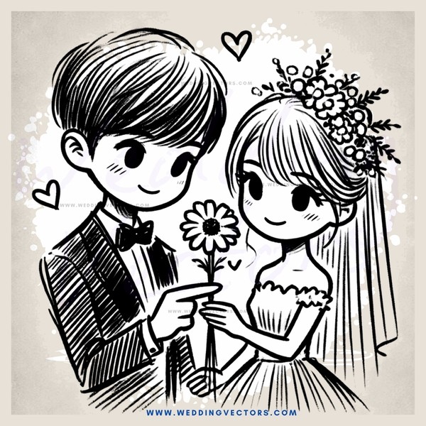 a cartoon depiction of a bride and groom