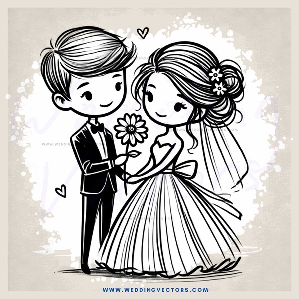 a bride and groom holding flowers and hearts