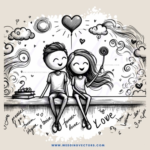 couple sitting together with "i love you" written below them