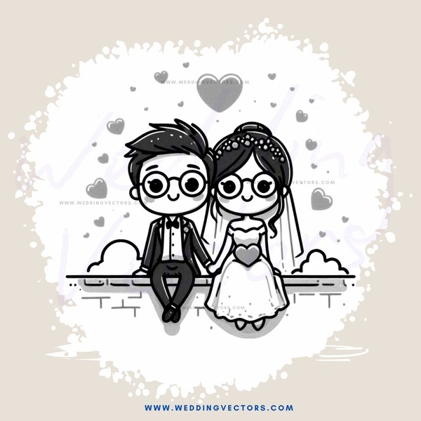 a couple sitting on a wall with hearts all around them