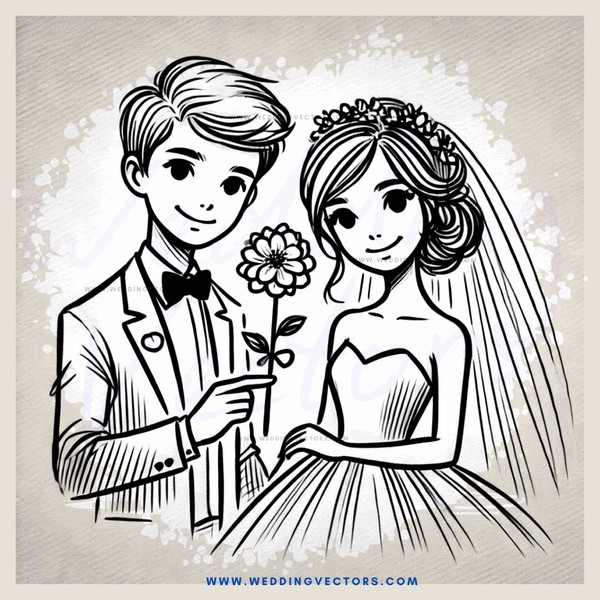 a bride and groom with flowers in their hands
