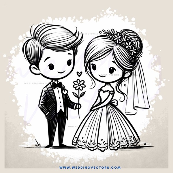 a bride and groom with a flower in hand