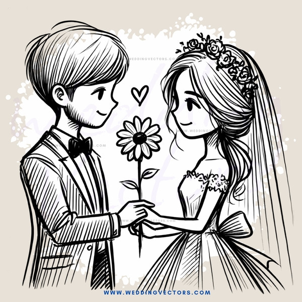 a bride and groom with flower dresses