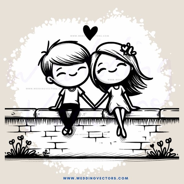 a boy and girl sitting on a brick wall