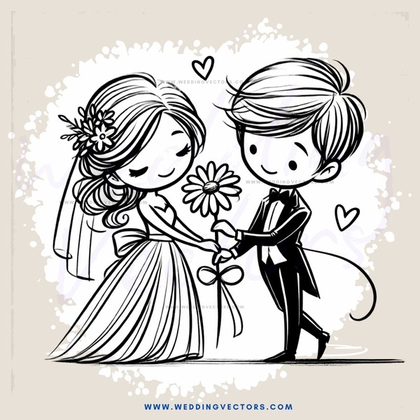groom and bride in black and white cartoon image