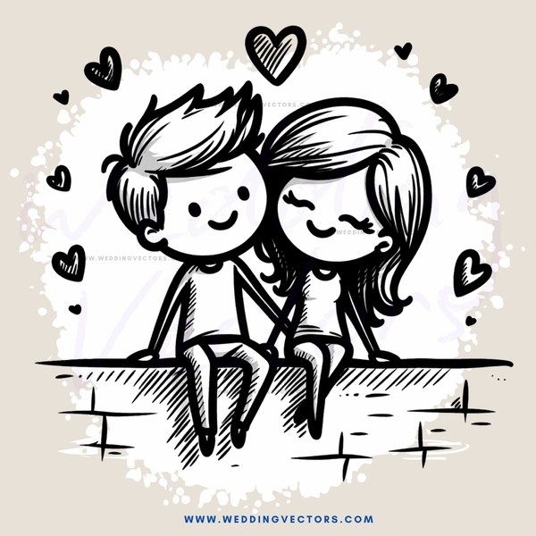 a boy and girl sitting on a bench with hearts all around them