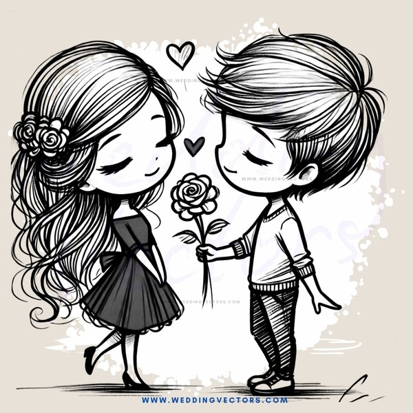 two people holding a rose in a cartoon drawing