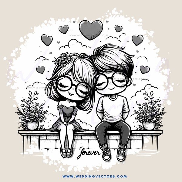 cute couple sitting on bench in forever illustration