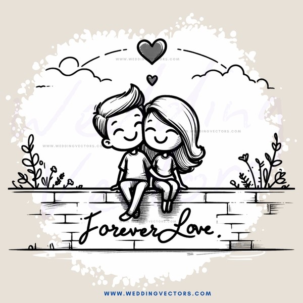 forever love couple's silhouette picture with hearts and flowers