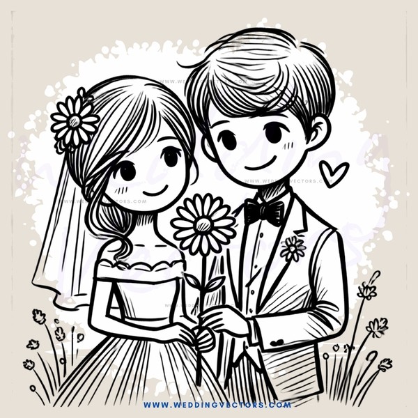 a bride and groom holding flowers