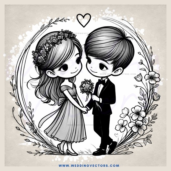 a couple's picture with hearts and flowers