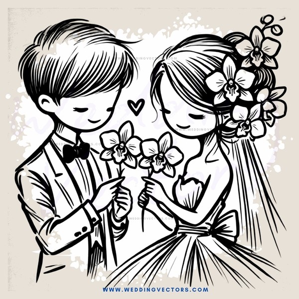 a boy and girl holding flowers