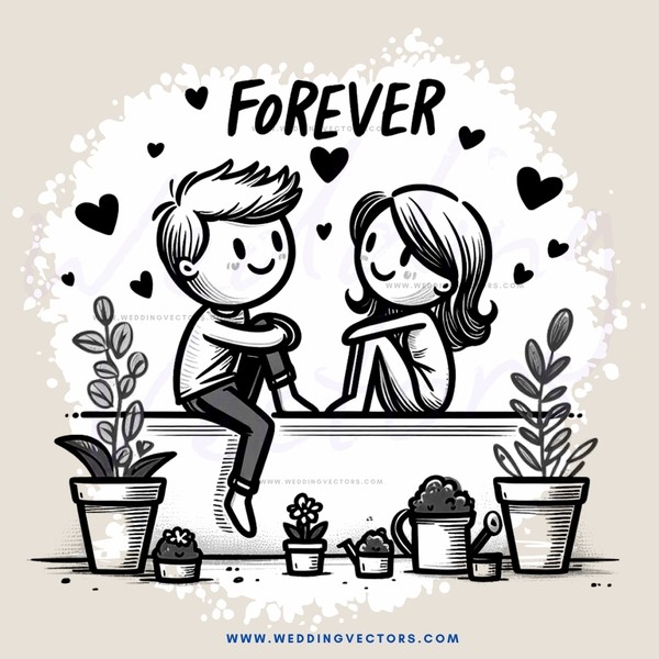 a couple in a botanical garden with potted plants and text 'forever'