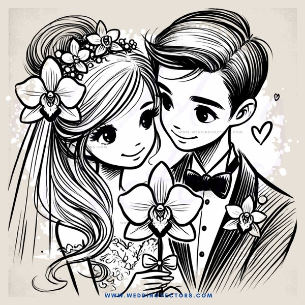 a bride and groom holding flowers