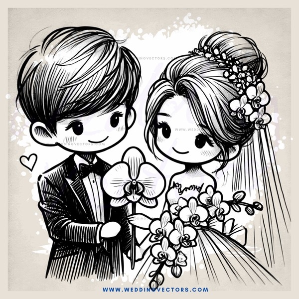 couple holding flowers and hats