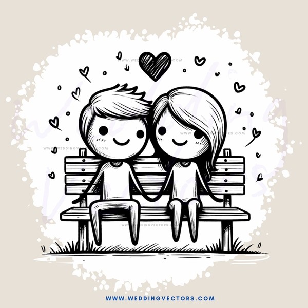 lovers on a bench with hearts surrounding them
