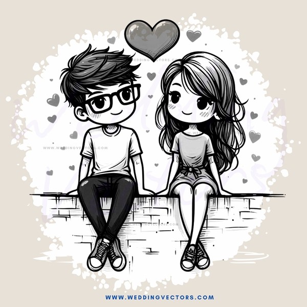 a boy and girl sitting on a wall with a heart above them